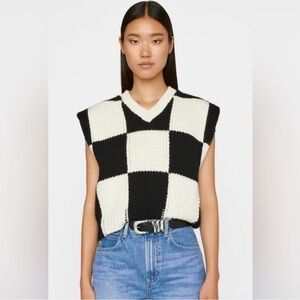Frame Denim Black and White Check V-Neck Sweater Vest